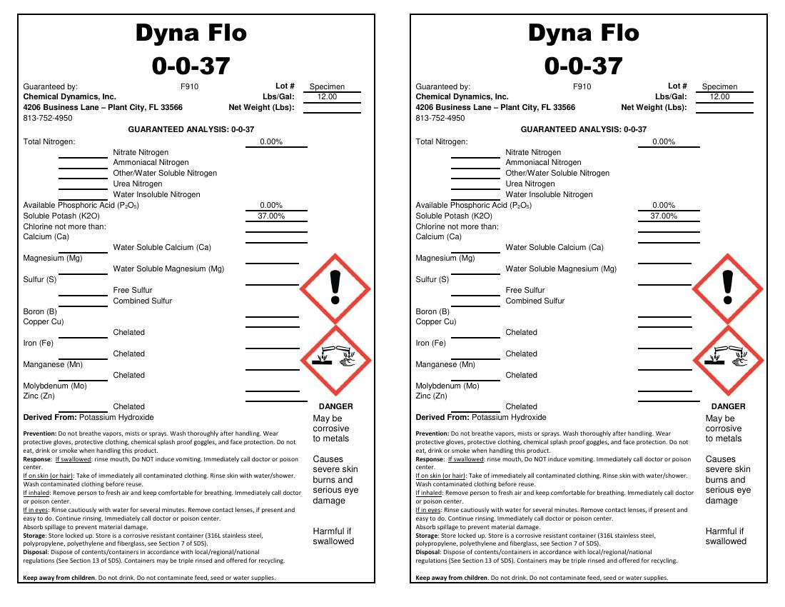 Dyna-Flo 0-0-37 Liquid KOH product label