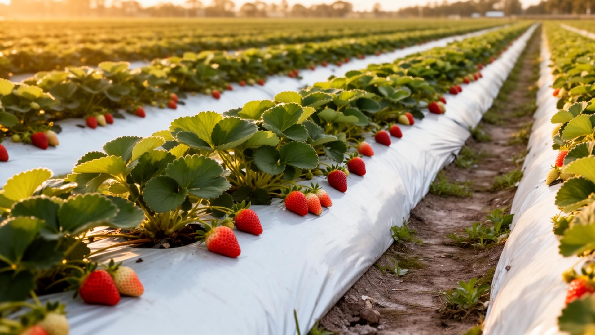 Strawberry crop field at sunrise