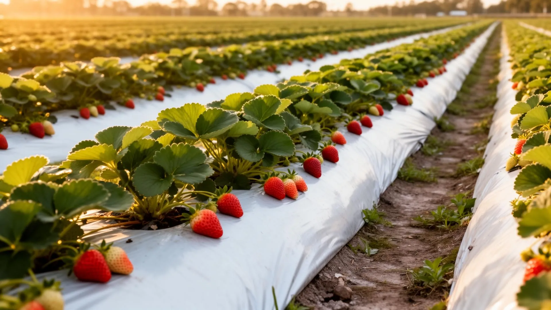 Strawberry crop field at sunrise